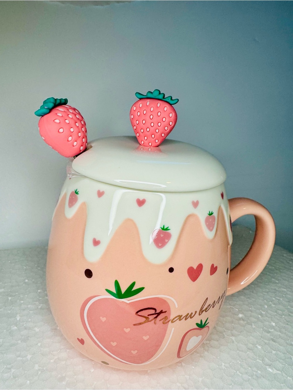 Kawaii Pink Strawberry Ceramic Mug with 3D Lid & Spoon Cute 14 oz Coffee Cup